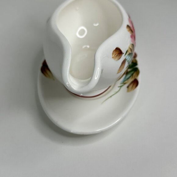 Lefton Americana Rose Pottery Ceramic Gravy Boat With Saucer Rose Floral Design - Picture 8 of 13